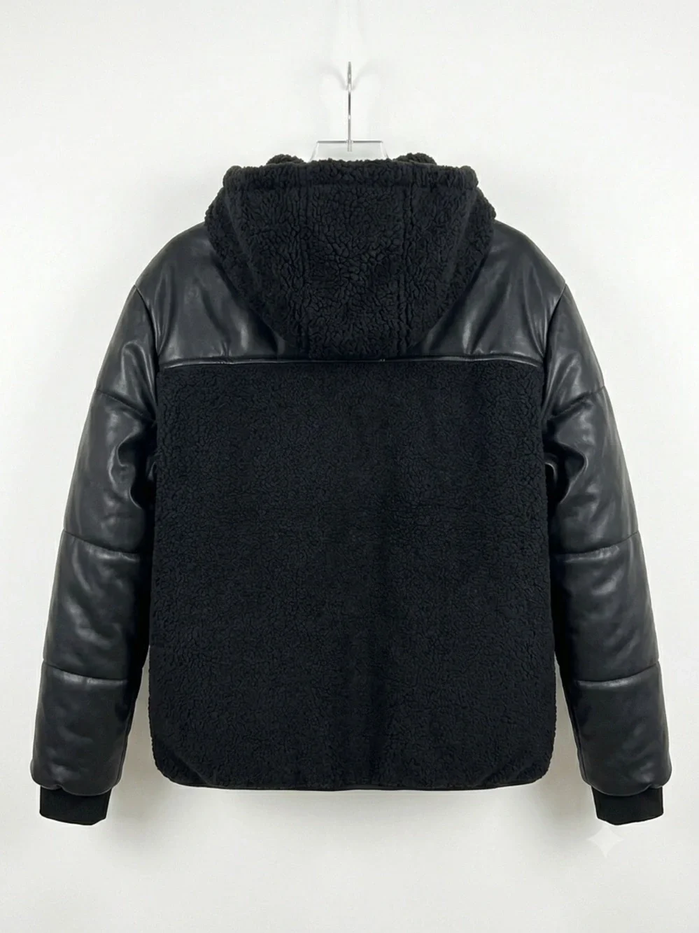 True Religion Mens Black Faux Leather & Sherpa Hooded Jacket